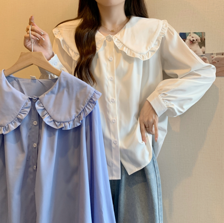 フリルドールラペル長袖シャツ