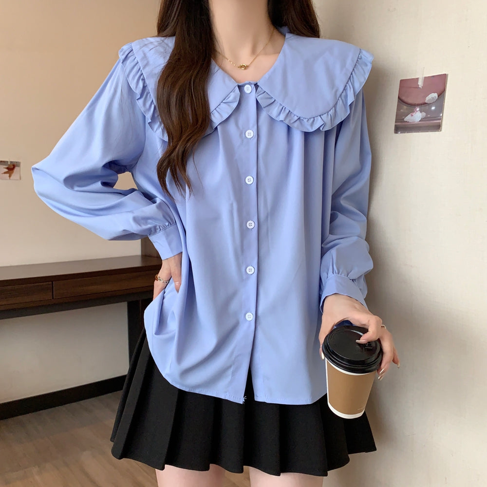 フリルドールラペル長袖シャツ