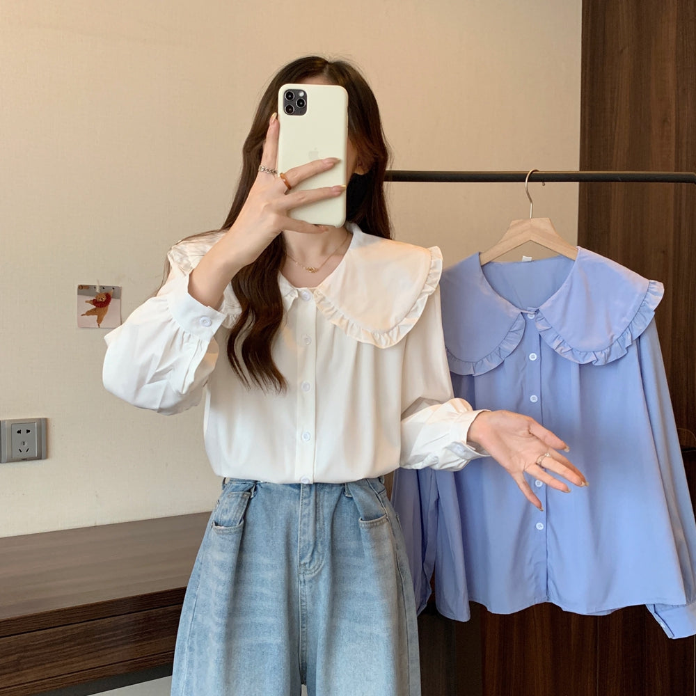 フリルドールラペル長袖シャツ