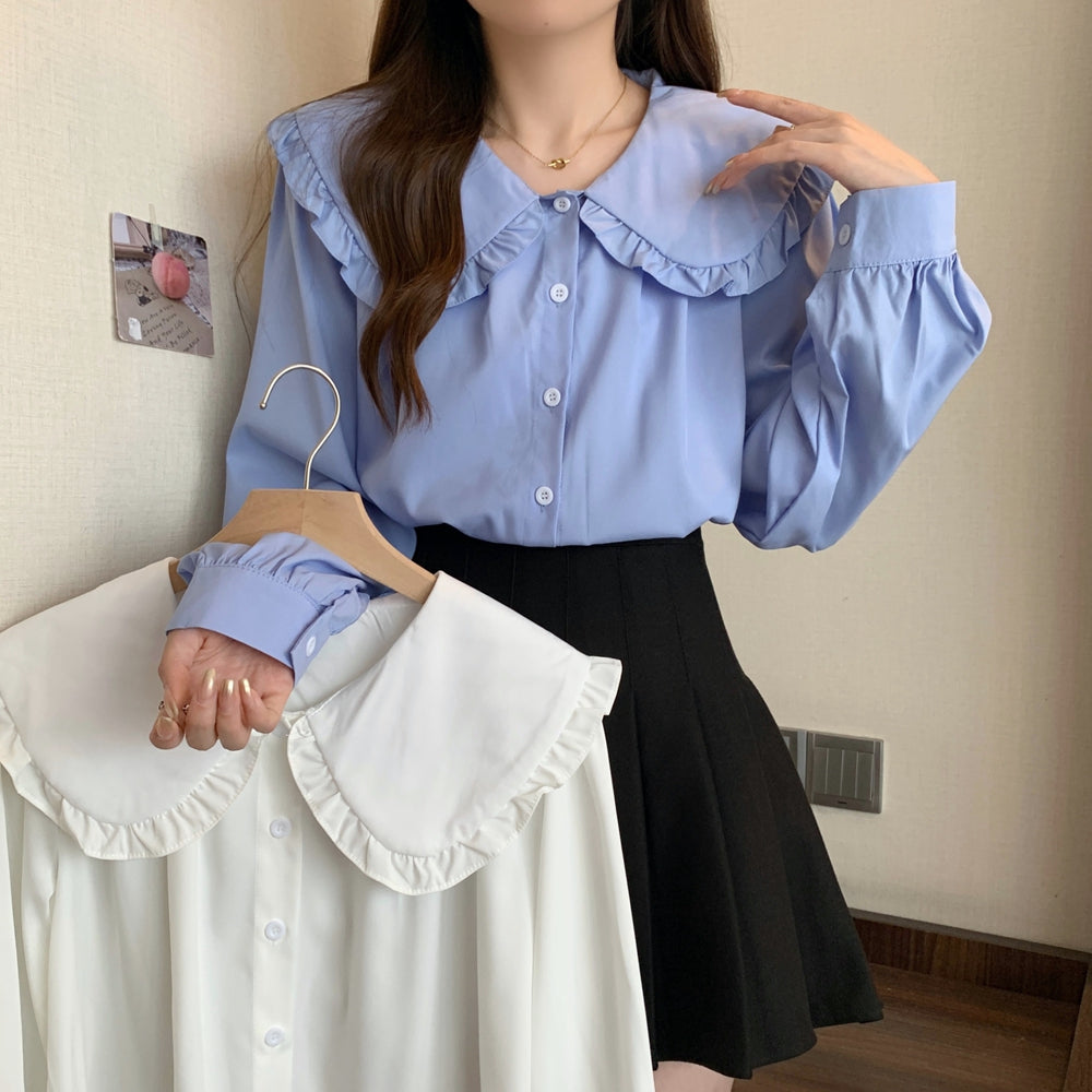 フリルドールラペル長袖シャツ