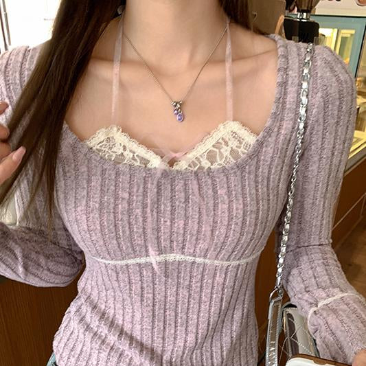レース襟リブニットトップス
