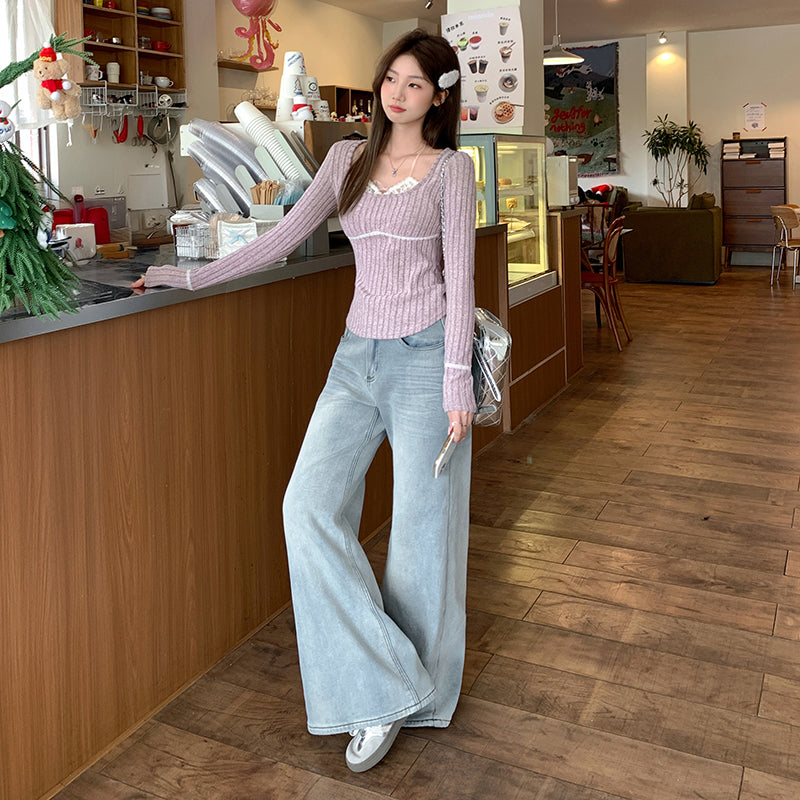 レース襟リブニットトップス