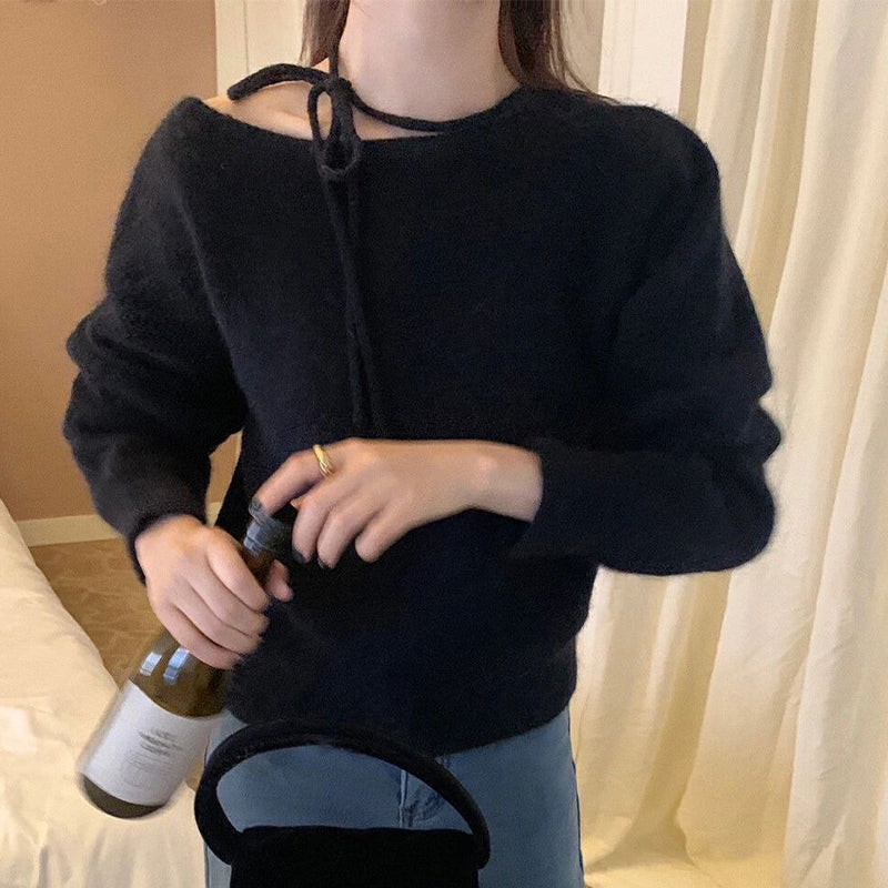 リボン付きオフショルダーニット