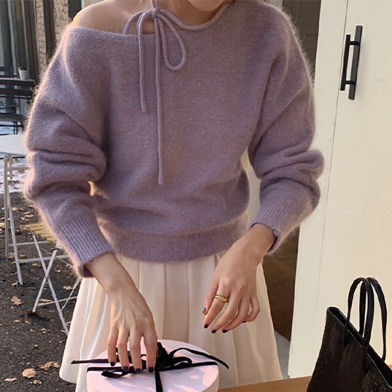 リボン付きオフショルダーニット