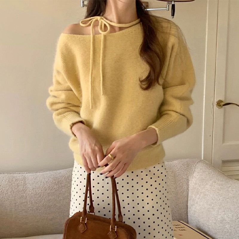 リボン付きオフショルダーニット