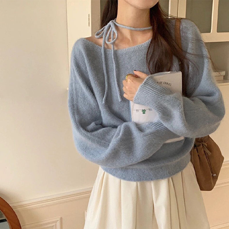 リボン付きオフショルダーニット