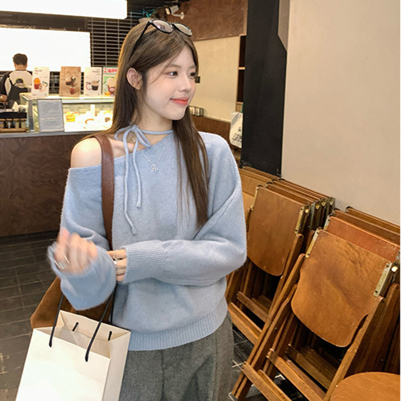 リボン付きオフショルダーニット