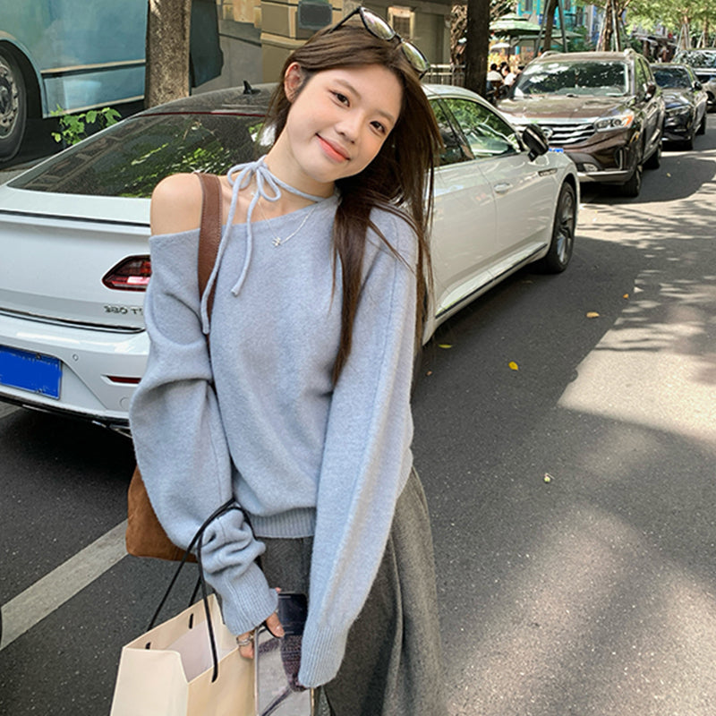 リボン付きオフショルダーニット